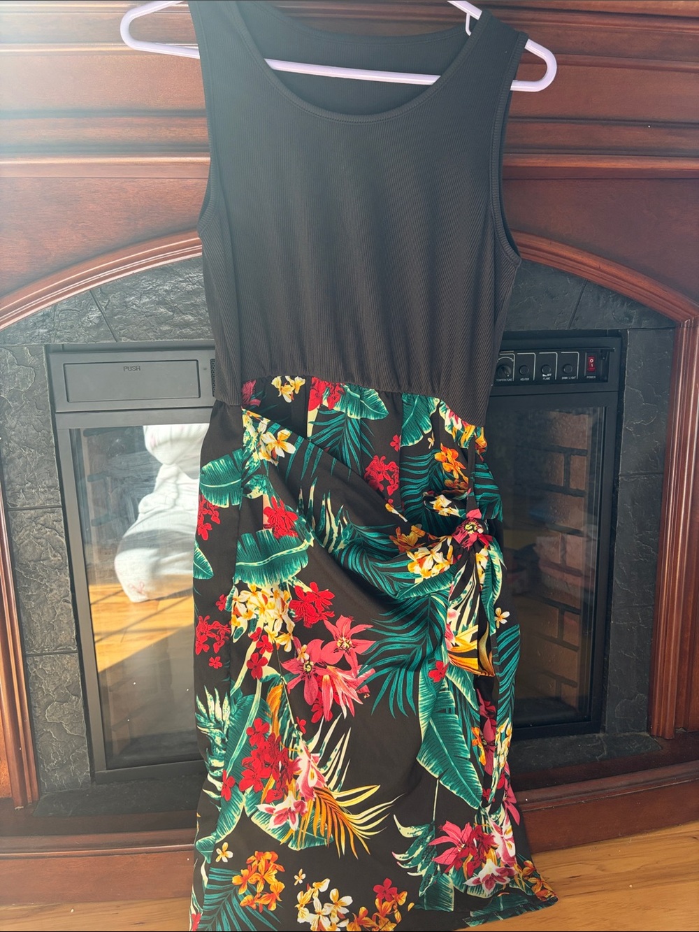 Black Tropical Floral Midi Dress with Knot Detail